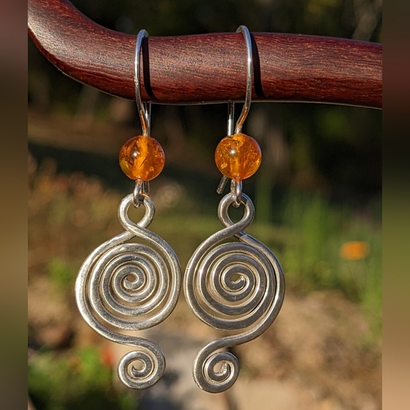 Sterling Silver Baltic Amber Earrings Tribal Spiral Metallic Statement - Picture 7 of 16